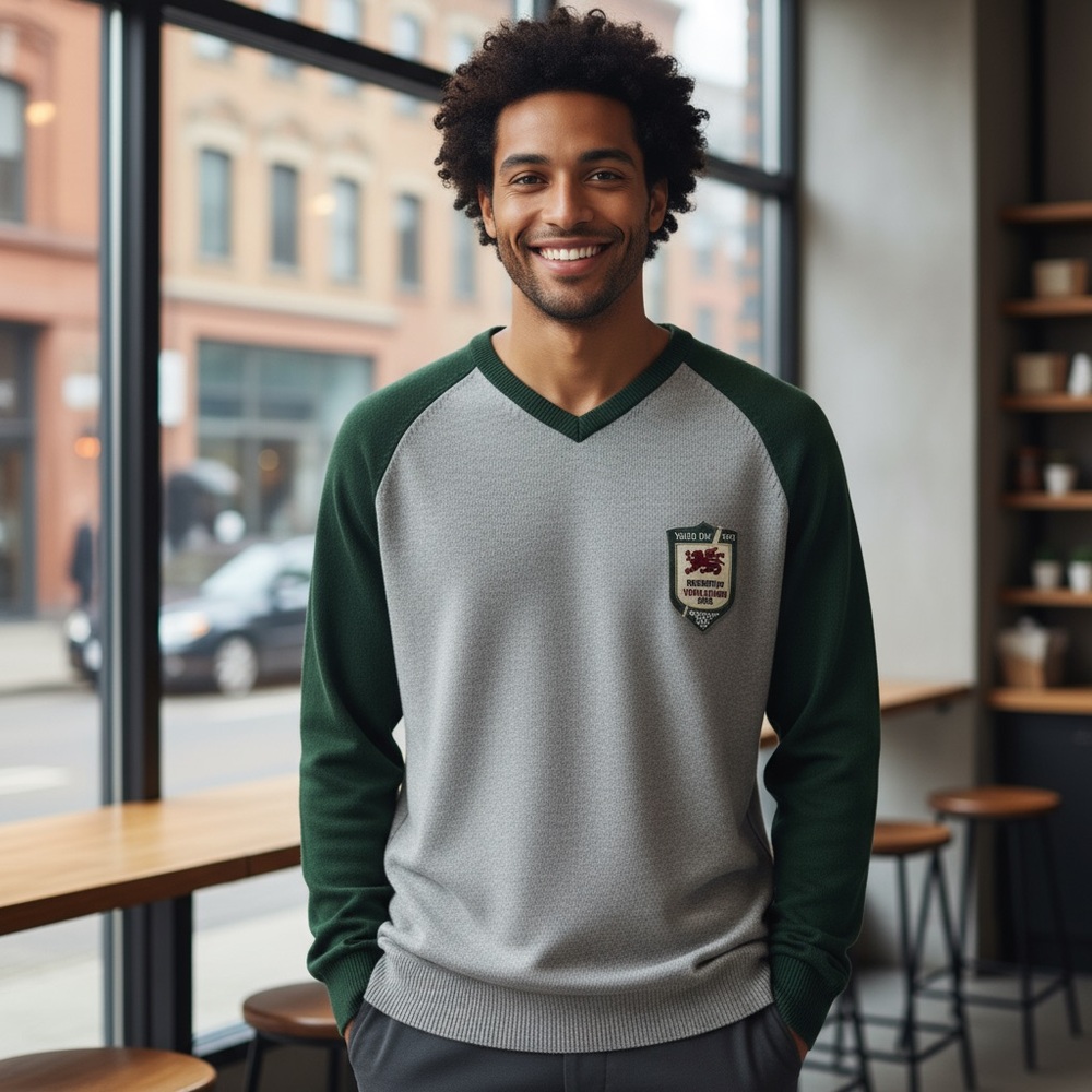Zara‎ Men's V-Neck Hoodie with Gray and Green Contrast